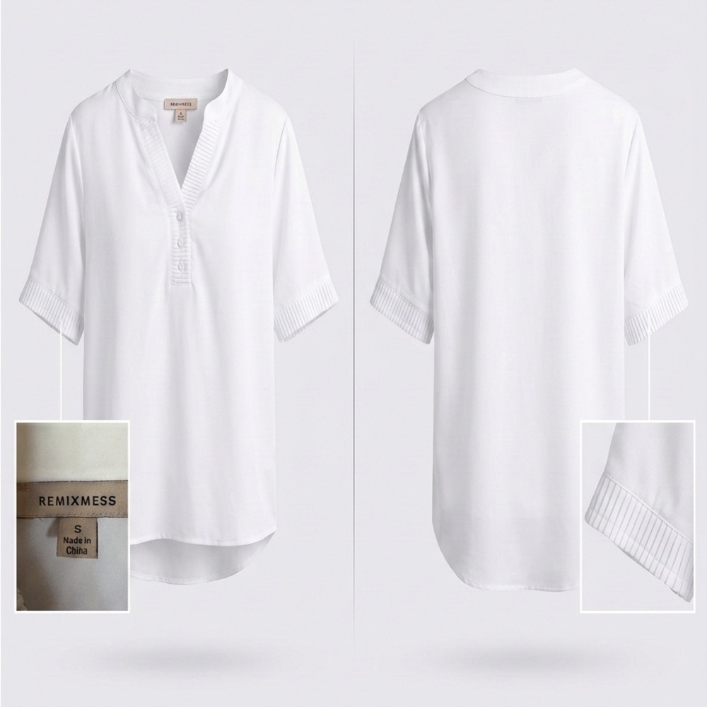 REMIXMESS White Short Sleeve Pleated Blouse (Size S)